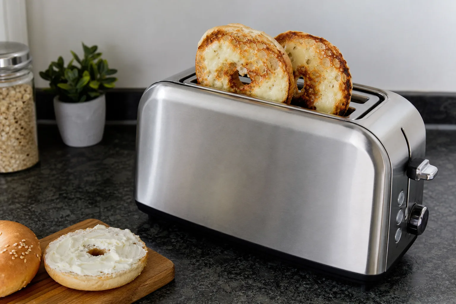 Bagel mit Frischkaese im Toaster roesten