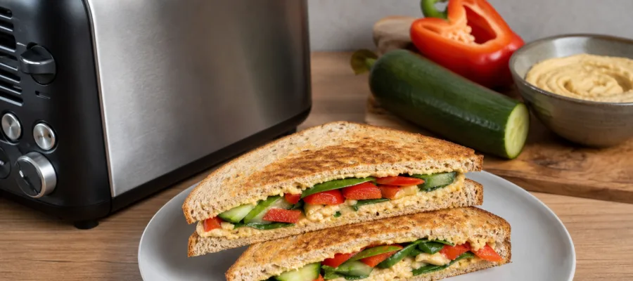 Vegetarisches Toaster-Sandwich mit Hummus und Gemuese