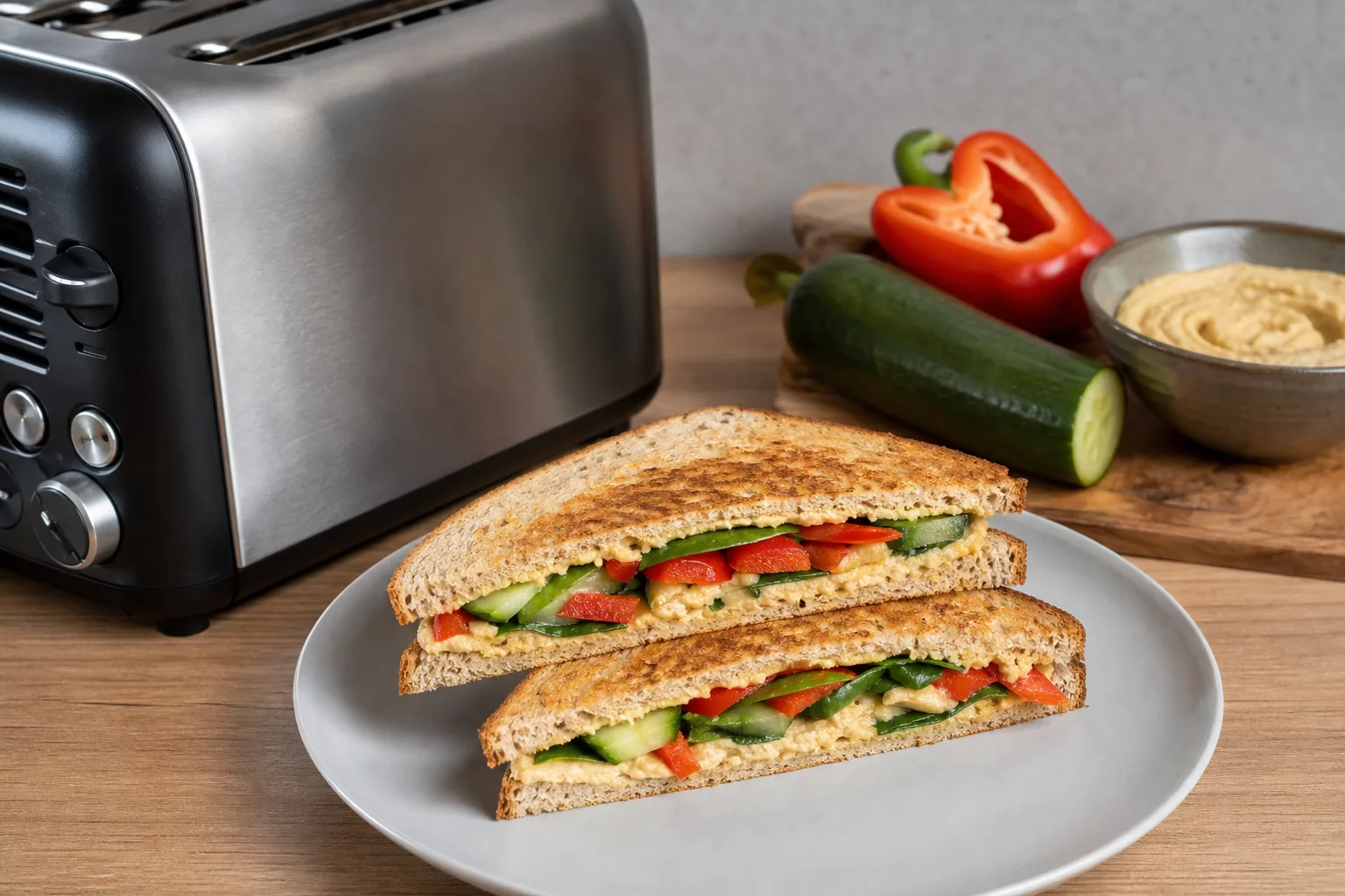 Vegetarisches Toaster-Sandwich mit Hummus und Gemuese
